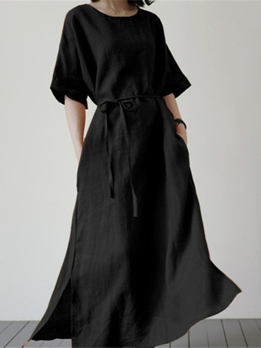 Blue Zone Planet |  Cotton Linen Loose Solid Color Short Sleeve Belt Slit Dress BLUE ZONE PLANET