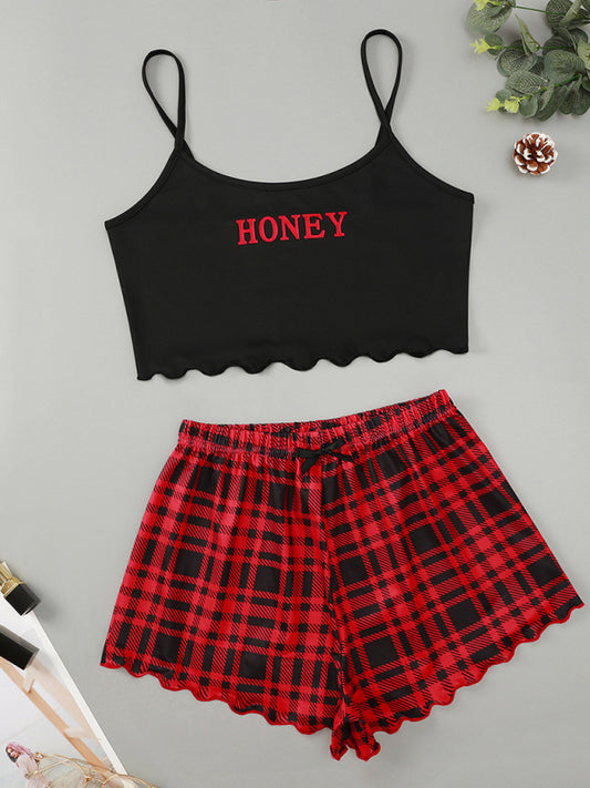 Blue Zone Planet |  Women's Letter HONEY Printed Camisole + Plaid Printed Shorts Homewear Set kakaclo