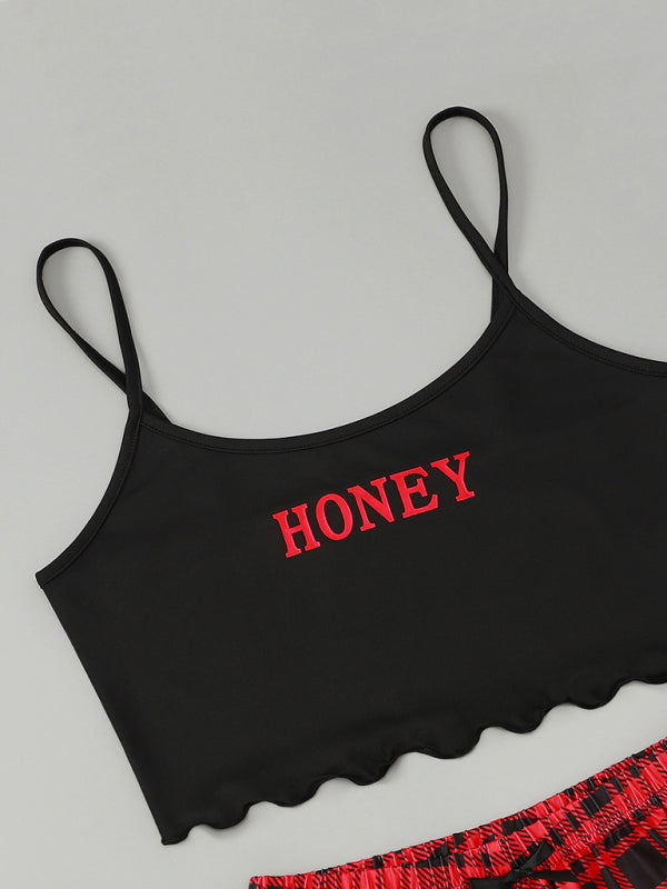 Blue Zone Planet |  Women's Letter HONEY Printed Camisole + Plaid Printed Shorts Homewear Set kakaclo