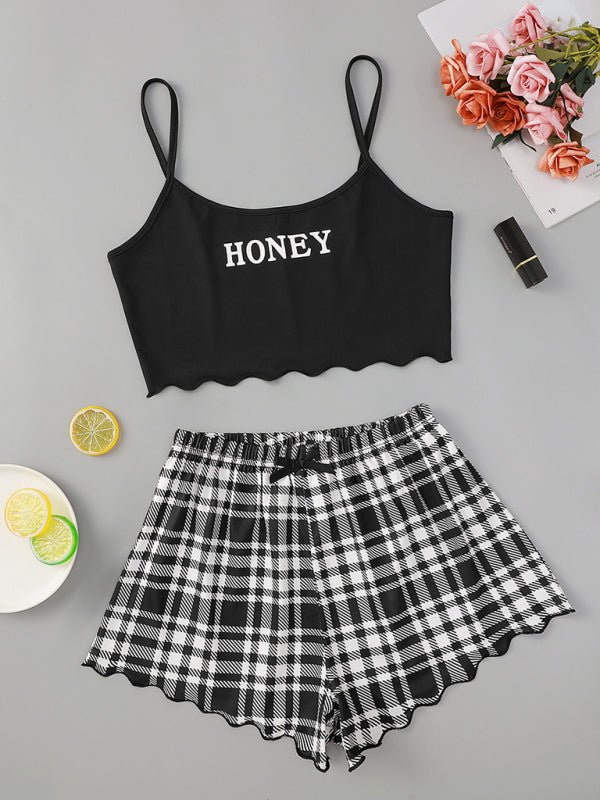 Blue Zone Planet |  Women's Letter HONEY Printed Camisole + Plaid Printed Shorts Homewear Set kakaclo