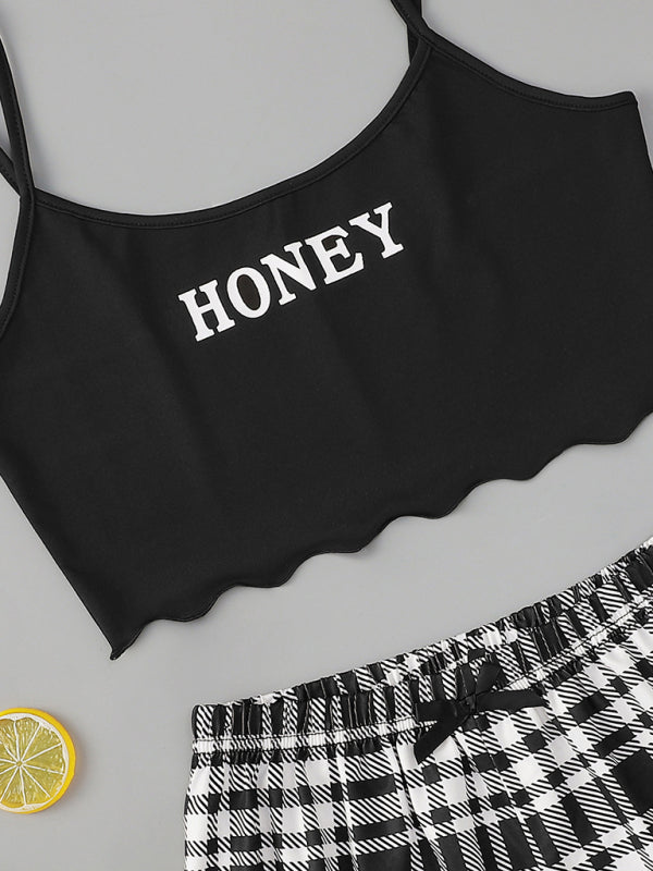 Blue Zone Planet |  Women's Letter HONEY Printed Camisole + Plaid Printed Shorts Homewear Set kakaclo