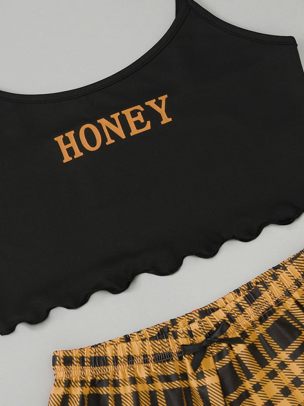 Blue Zone Planet |  Women's Letter HONEY Printed Camisole + Plaid Printed Shorts Homewear Set kakaclo