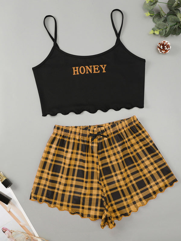 Blue Zone Planet |  Women's Letter HONEY Printed Camisole + Plaid Printed Shorts Homewear Set kakaclo