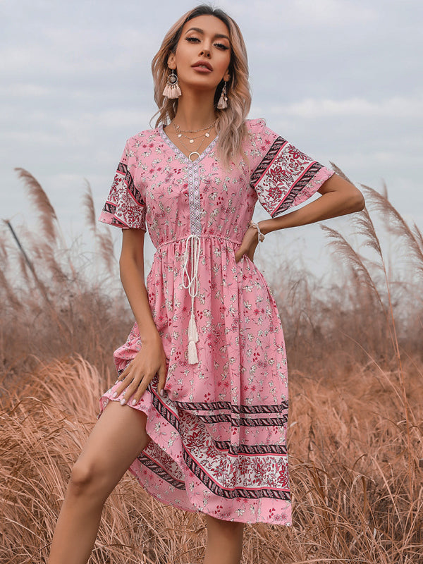 Bohemian Short Sleeve V-Neck Floral Dress kakaclo