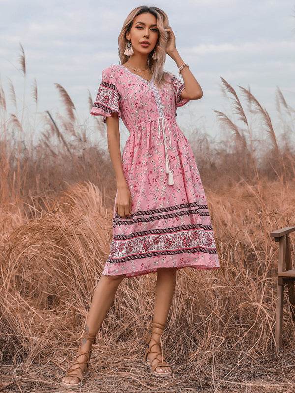 Bohemian Short Sleeve V-Neck Floral Dress kakaclo