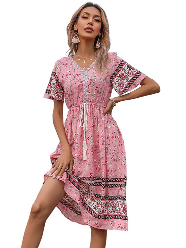 Bohemian Short Sleeve V-Neck Floral Dress kakaclo