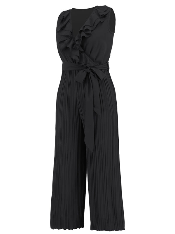 Sleeveless V Neck Ruffle Lace Pleated Jumpsuit BLUE ZONE PLANET