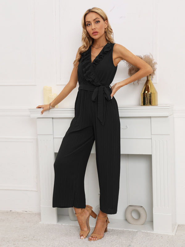 Sleeveless V Neck Ruffle Lace Pleated Jumpsuit BLUE ZONE PLANET