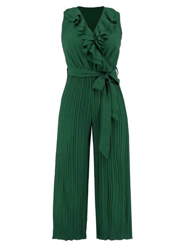 Sleeveless V Neck Ruffle Lace Pleated Jumpsuit BLUE ZONE PLANET