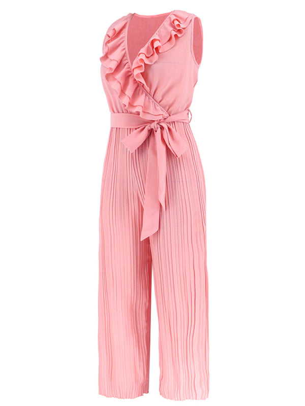 Sleeveless V Neck Ruffle Lace Pleated Jumpsuit BLUE ZONE PLANET