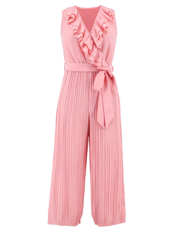 Sleeveless V Neck Ruffle Lace Pleated Jumpsuit BLUE ZONE PLANET