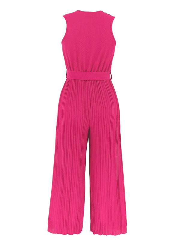 Sleeveless V Neck Ruffle Lace Pleated Jumpsuit BLUE ZONE PLANET