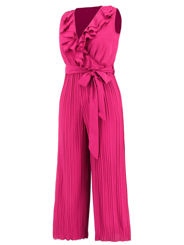 Sleeveless V Neck Ruffle Lace Pleated Jumpsuit BLUE ZONE PLANET