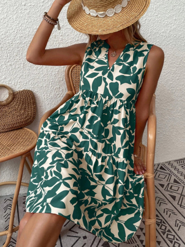 Blue Zone Planet |  Floral Print V Neck Pleated Print Dress BLUE ZONE PLANET