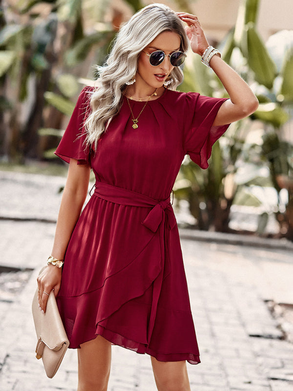 Solid Color Elegant Round Neck Pleated Dress kakaclo