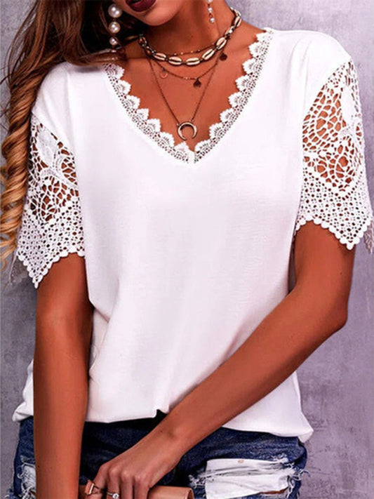 Lace Trim Stitching Loose V Neck Short Sleeve Top BLUE ZONE PLANET