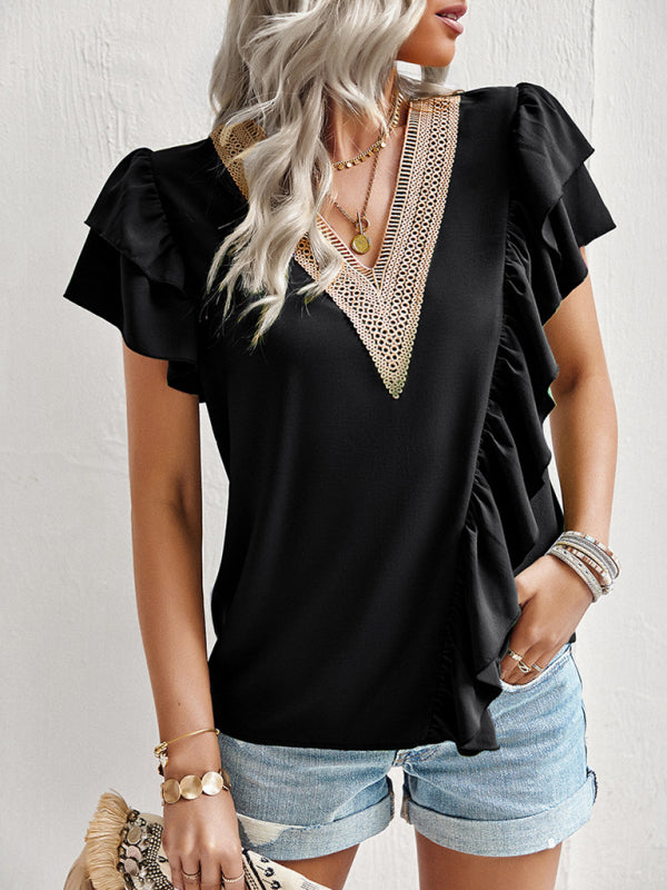 Blue Zone Planet |  Elegant Solid Color V Neck Ruffle Short Sleeve Top BLUE ZONE PLANET