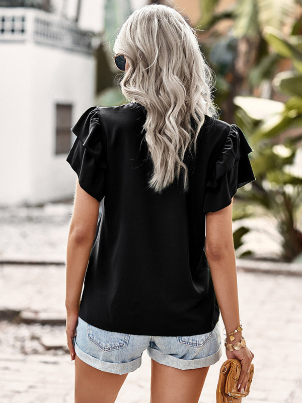 Blue Zone Planet |  Elegant Solid Color V Neck Ruffle Short Sleeve Top BLUE ZONE PLANET
