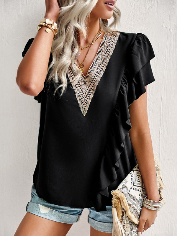 Blue Zone Planet |  Elegant Solid Color V Neck Ruffle Short Sleeve Top BLUE ZONE PLANET
