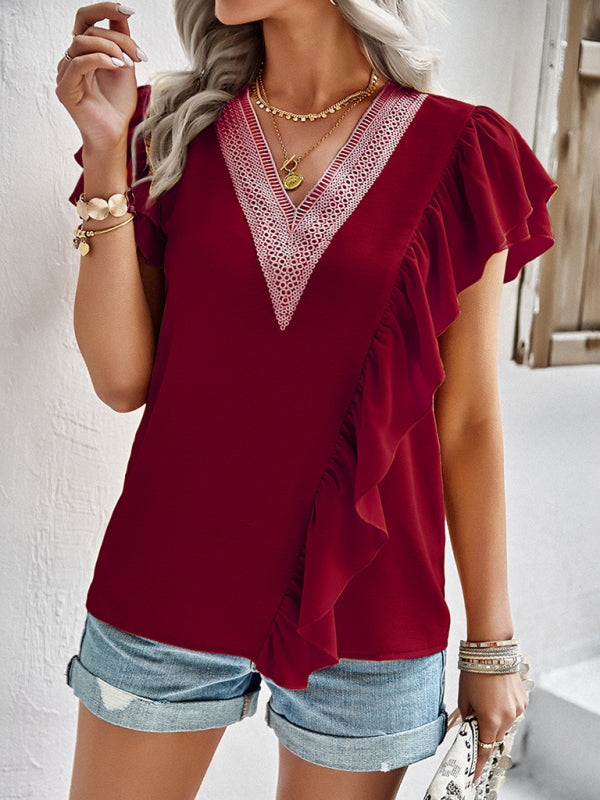 Blue Zone Planet |  Elegant Solid Color V Neck Ruffle Short Sleeve Top BLUE ZONE PLANET