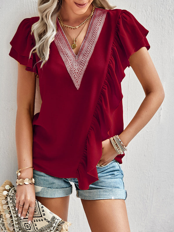 Blue Zone Planet |  Elegant Solid Color V Neck Ruffle Short Sleeve Top BLUE ZONE PLANET