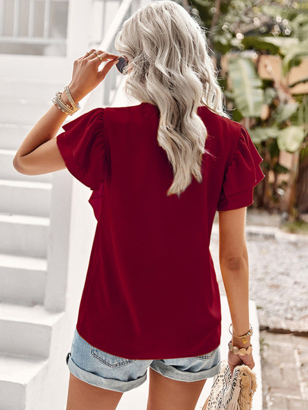 Blue Zone Planet |  Elegant Solid Color V Neck Ruffle Short Sleeve Top BLUE ZONE PLANET