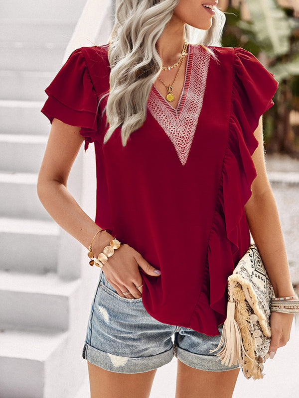 Blue Zone Planet |  Elegant Solid Color V Neck Ruffle Short Sleeve Top BLUE ZONE PLANET