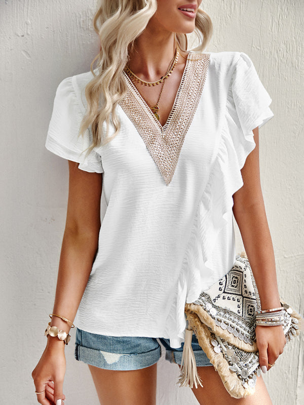 Blue Zone Planet |  Elegant Solid Color V Neck Ruffle Short Sleeve Top BLUE ZONE PLANET