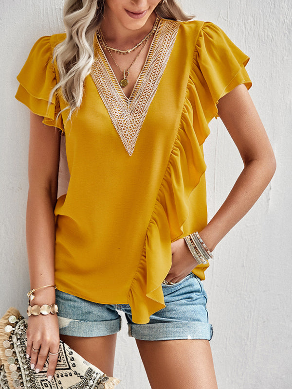 Blue Zone Planet |  Elegant Solid Color V Neck Ruffle Short Sleeve Top BLUE ZONE PLANET
