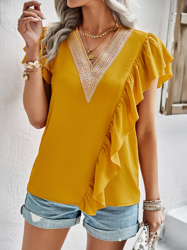 Blue Zone Planet |  Elegant Solid Color V Neck Ruffle Short Sleeve Top BLUE ZONE PLANET