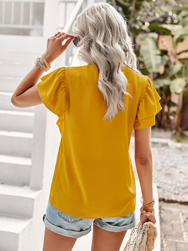 Blue Zone Planet |  Elegant Solid Color V Neck Ruffle Short Sleeve Top BLUE ZONE PLANET