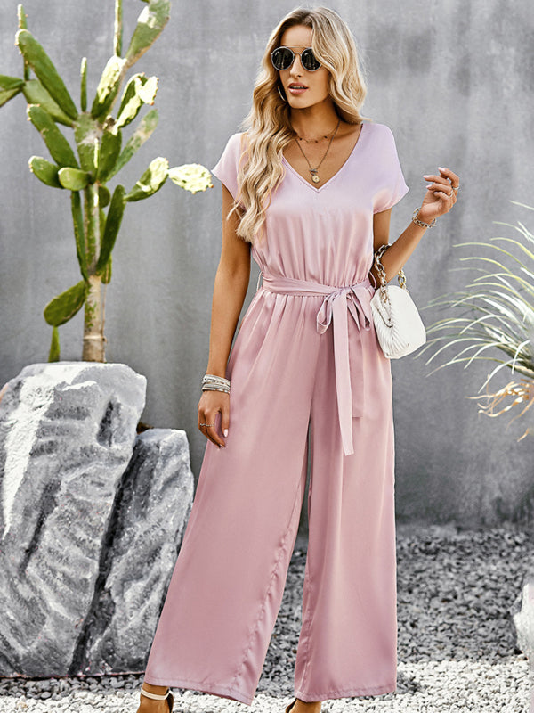 Blue Zone Planet |  Elegant Solid Color V Neck Jumpsuit BLUE ZONE PLANET
