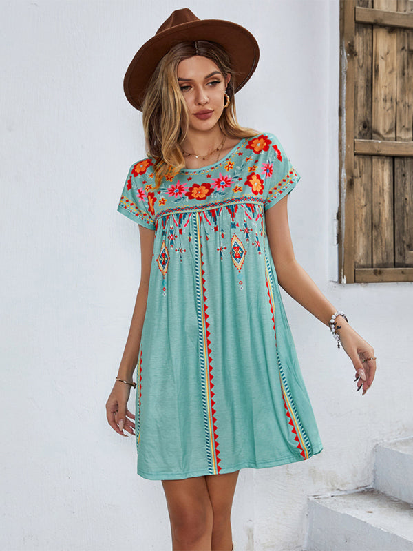 Woman knitted round neck holiday short -sleeved dress kakaclo