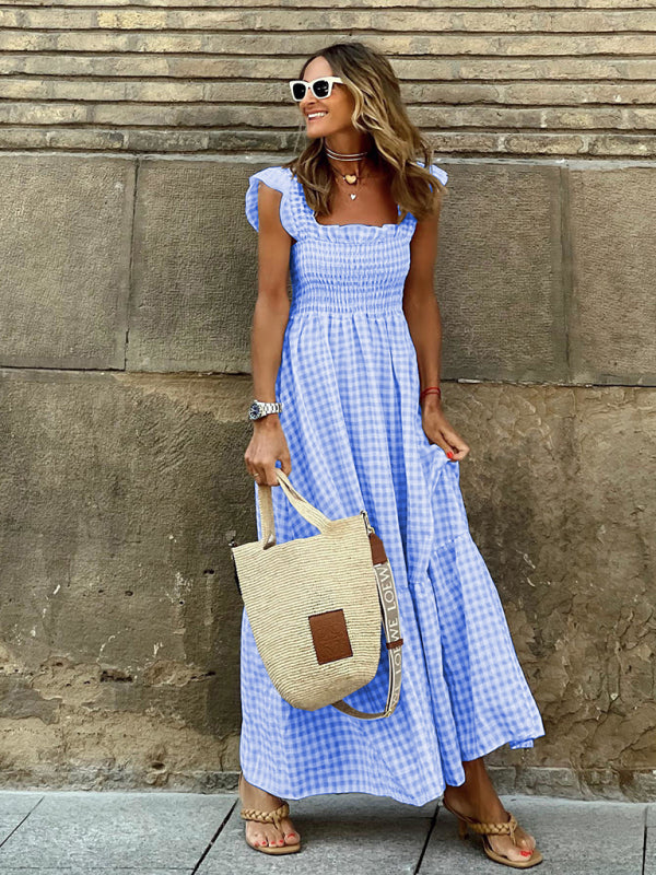 Blue Zone Planet | Summer Temperament Collage Plaid Sling Elastic Swing Dress