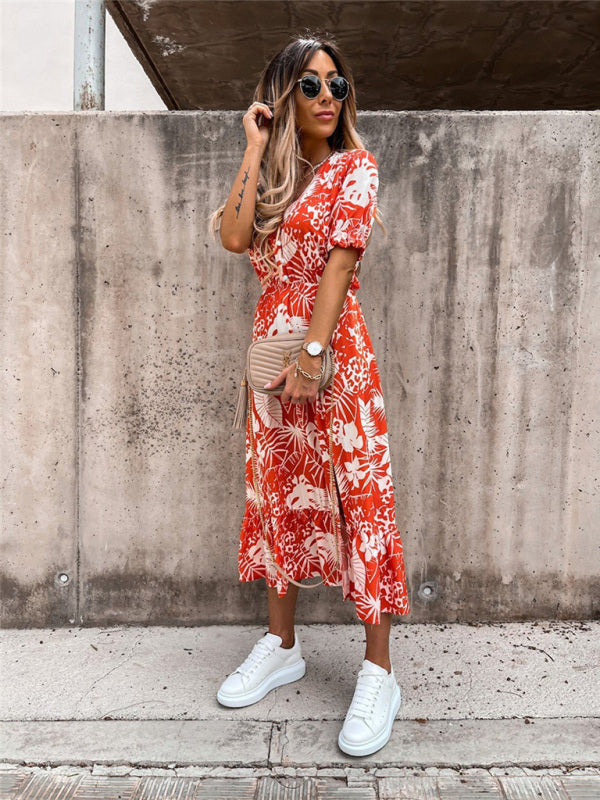 Floral Print Short Sleeve V-Neck Dress BLUE ZONE PLANET