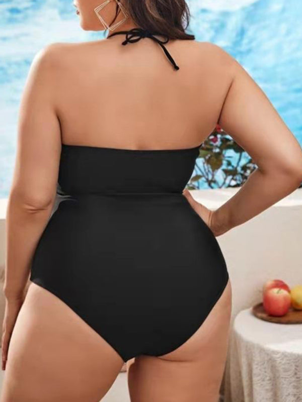 Plus Size Women-Halter Neck Backless One-Piece Swimsuit BLUE ZONE PLANET