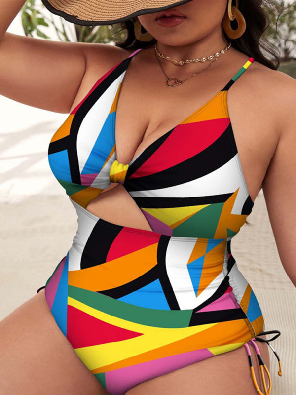 Plus Size Women-Printed Push-up Hollow One-Piece Swimsuit kakaclo