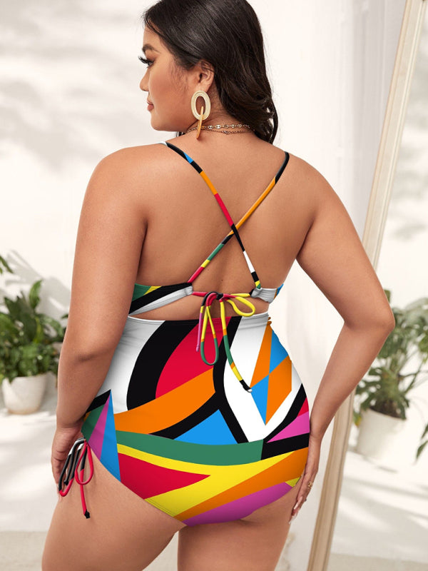 Plus Size Women-Printed Push-up Hollow One-Piece Swimsuit kakaclo