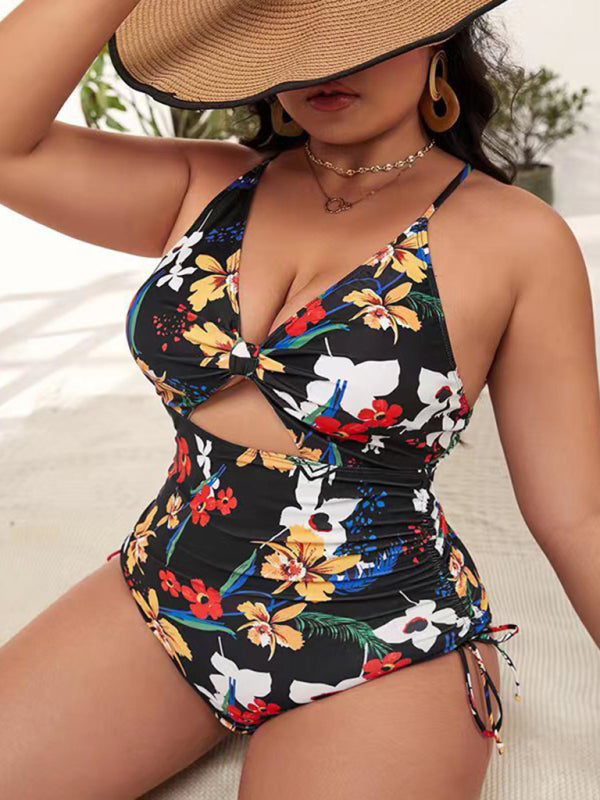 Plus Size Women-Printed Push-up Hollow One-Piece Swimsuit kakaclo