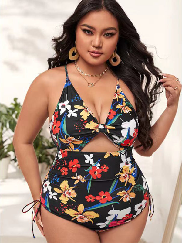 Plus Size Women-Printed Push-up Hollow One-Piece Swimsuit kakaclo