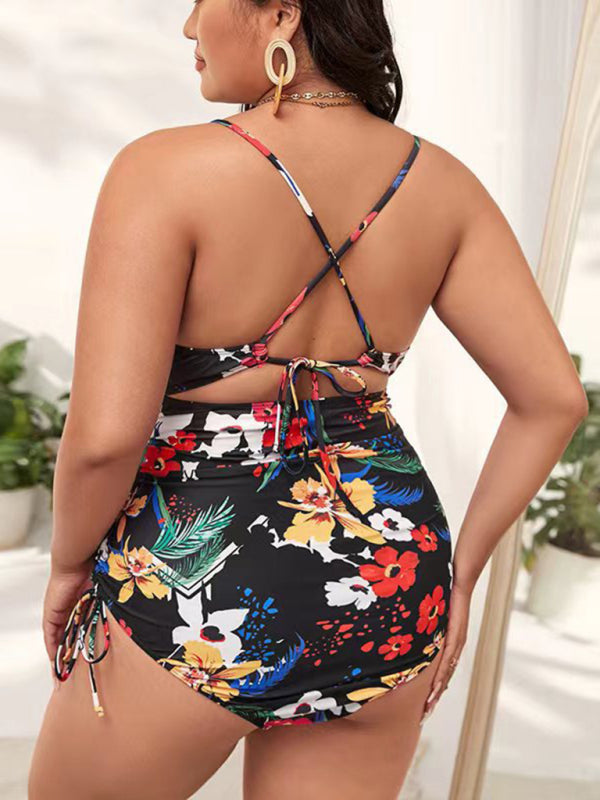 Plus Size Women-Printed Push-up Hollow One-Piece Swimsuit kakaclo