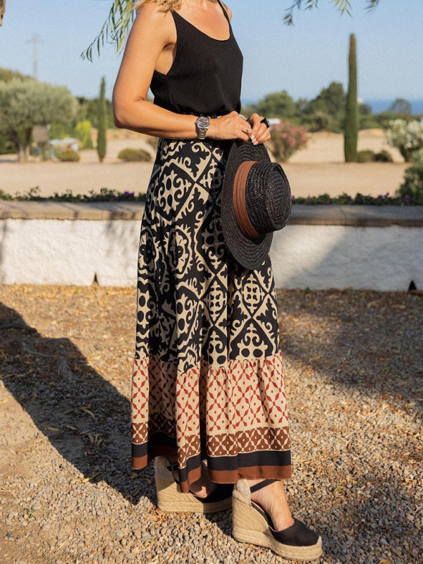 Women's Bohemian Ethnic Style Print Stitching Swing Skirt BLUE ZONE PLANET