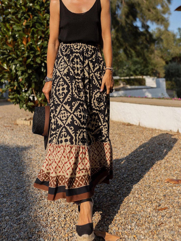Women's Bohemian Ethnic Style Print Stitching Swing Skirt BLUE ZONE PLANET