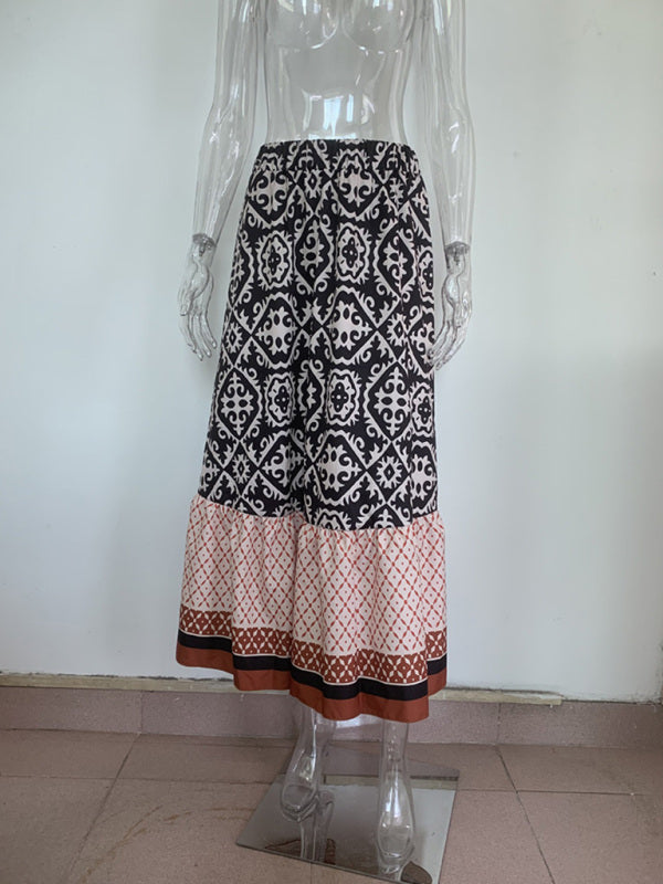 Women's Bohemian Ethnic Style Print Stitching Swing Skirt BLUE ZONE PLANET