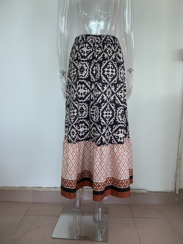 Women's Bohemian Ethnic Style Print Stitching Swing Skirt BLUE ZONE PLANET