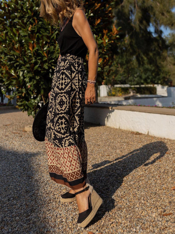 Women's Bohemian Ethnic Style Print Stitching Swing Skirt BLUE ZONE PLANET