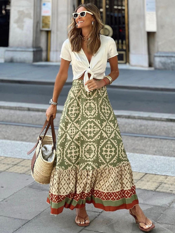 Women's Bohemian Ethnic Style Print Stitching Swing Skirt BLUE ZONE PLANET