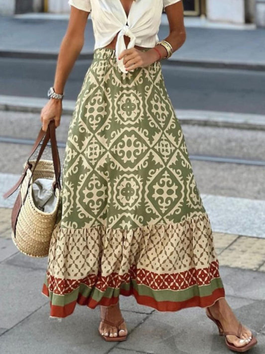 Women's Bohemian Ethnic Style Print Stitching Swing Skirt BLUE ZONE PLANET