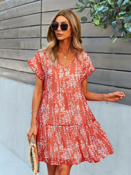 Woven V-Neck Printed Loose Short Sleeve Chiffon Dress kakaclo
