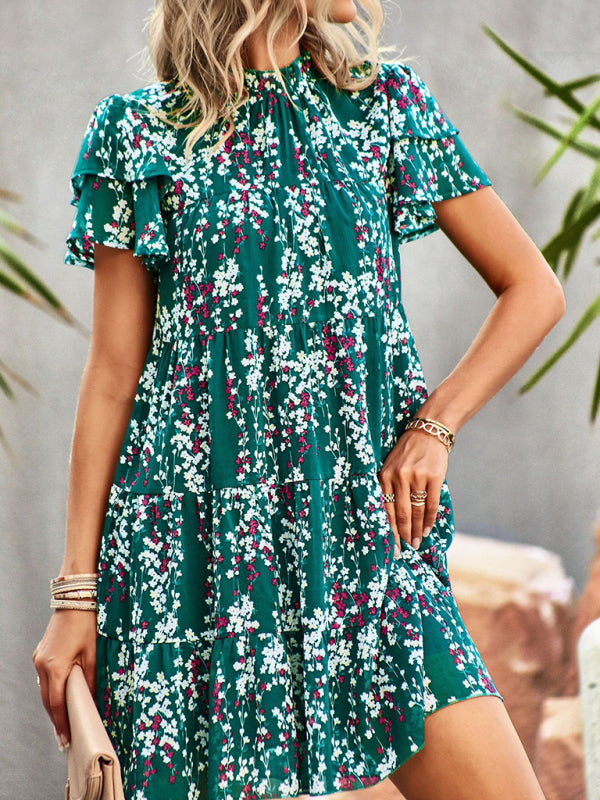 Women's Woven Printed Bohemian Dress-TOPS / DRESSES-[Adult]-[Female]-Green-S-2022 Online Blue Zone Planet